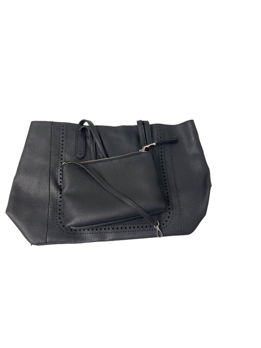 Splendid Black Faux Leather Bag With Perforated Detail Nautical Stripe Lining